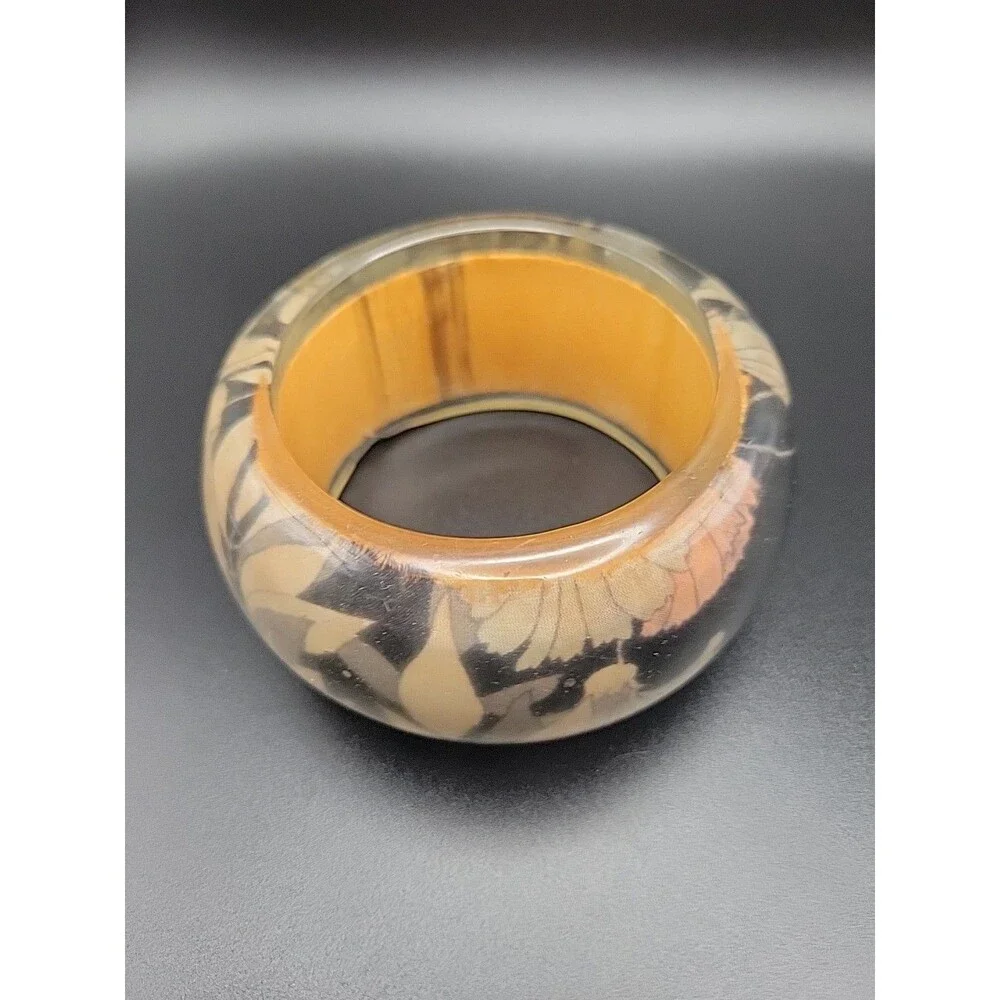 Vintage Chunky Bangle Bracelet Lot 3 Pink Tiger Lucite Carved Resin Wood Leaf